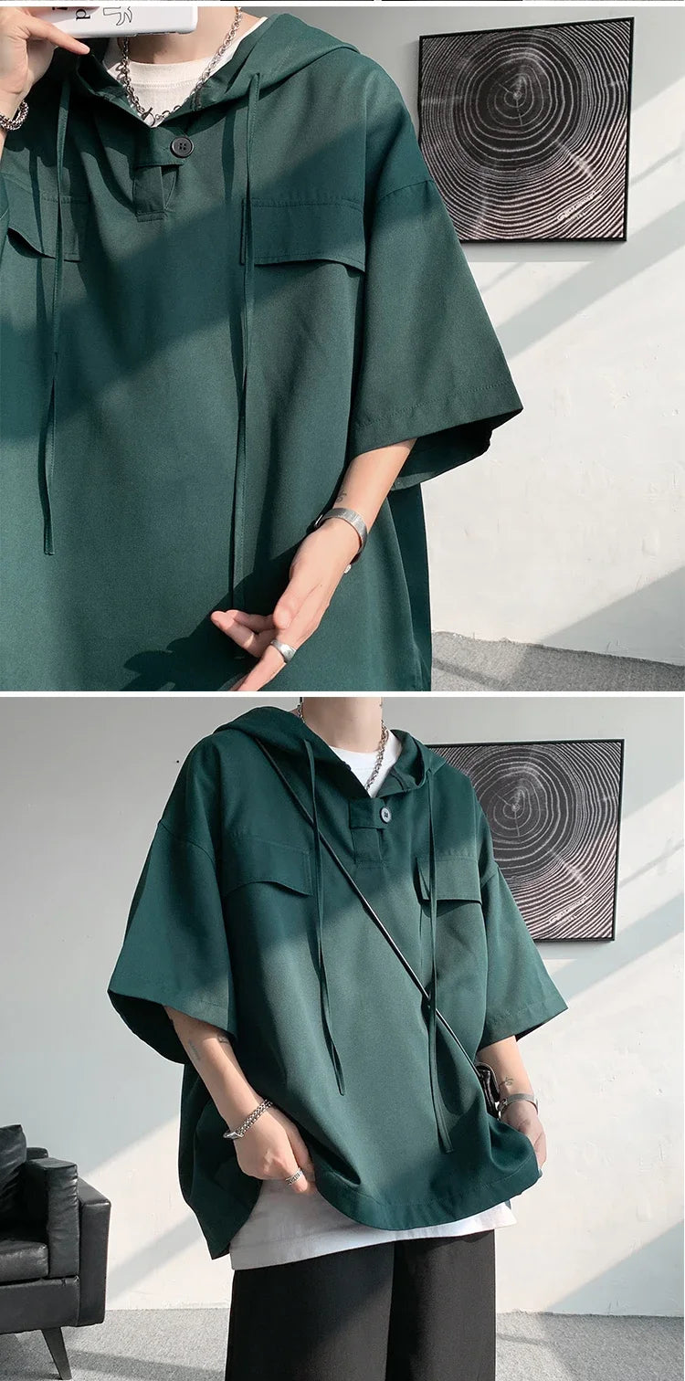5 Colors Summer Hooded T shirt Men Korean Half Sleeve Pullover Streetwear Loose T-shirt Tops Drawstring Men Clothing Street King Limited