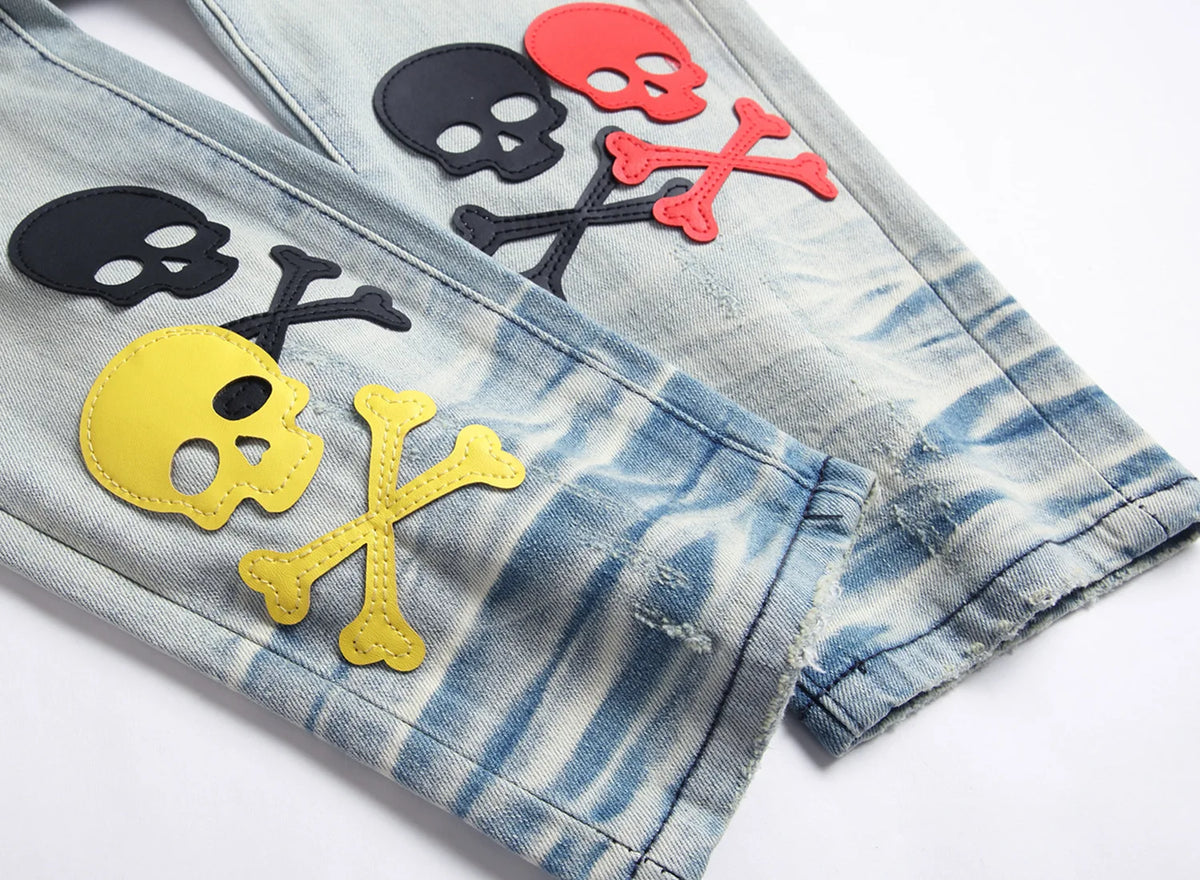 2023 brand new patch light skull head bone chemist tie dyed jeans cotton denim pants comfort casual skinny jeans 32 44 266 unique jeans style 5646