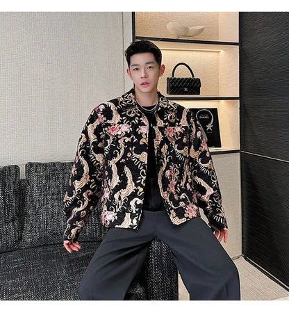 men palace style retro jacquard flower fashion show loose jacket man party dress vintage coat costumes spring autumn clothes unique default style 1242
