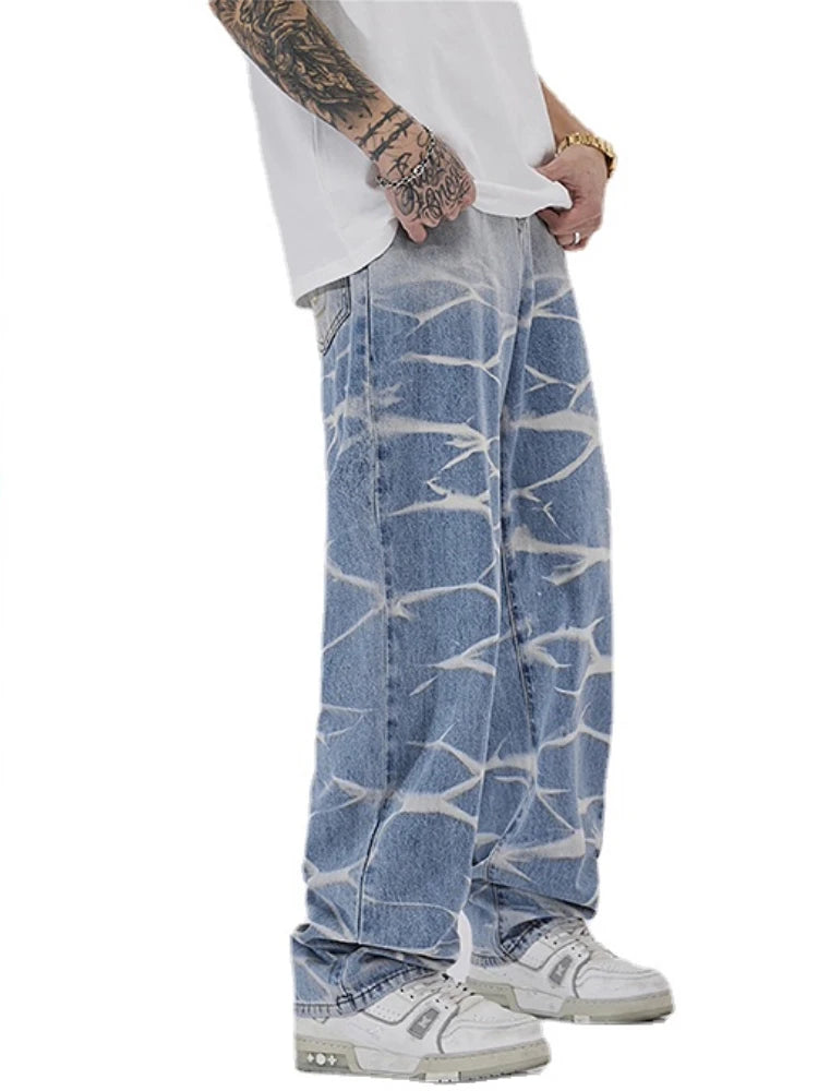 high street irregular tied dye biker jeans men denim straight jean pants 2023 motorcycle y2k trouser unisex hip hop casual pants ripped baggy denim