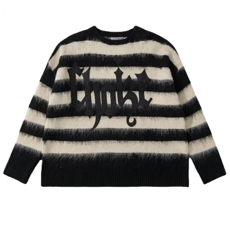 Hip Hop Striped Oversized Sweater Mens Autumn Winter Punk O-neck Long Sleeve Pullover Streetwear Casual Loose Sweaters Clothing Street King Limited