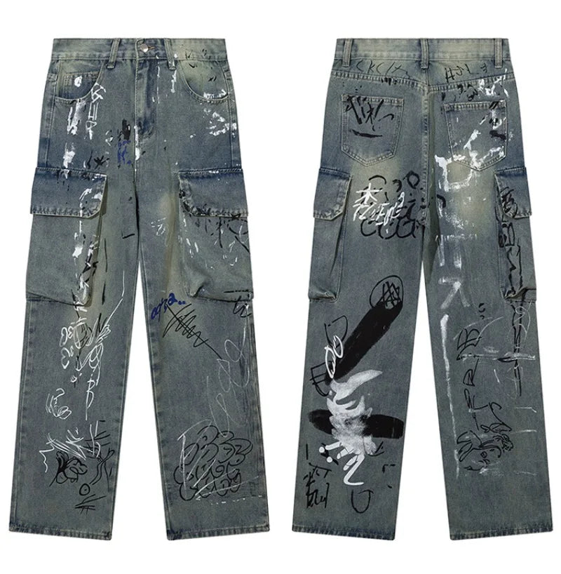 graffiti printed denim jeans unisex side pocket straight cargo jean trousers hip hop streetwear casual loose joggers jeans pants unique joggers style 2690