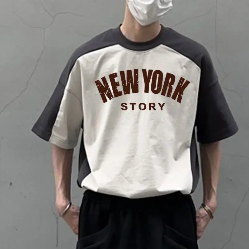 European and American high street Hong Kong style color-blocked short-sleeved T-shirts for men and women retro tops new style Street King Limited