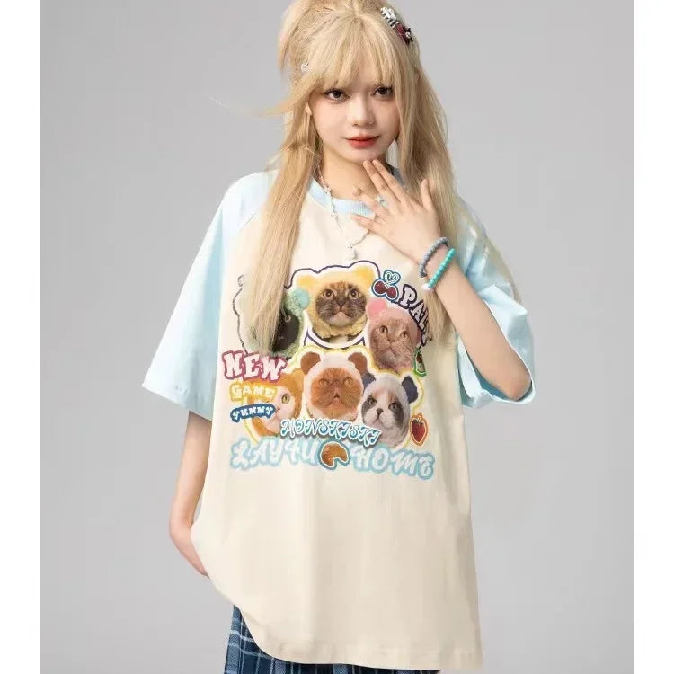 Cat t-shirt women printed raglan sleeves loose casual round neck cute couple half-sleeves y2k top women clothes harajuku kawaii Street King Limited
