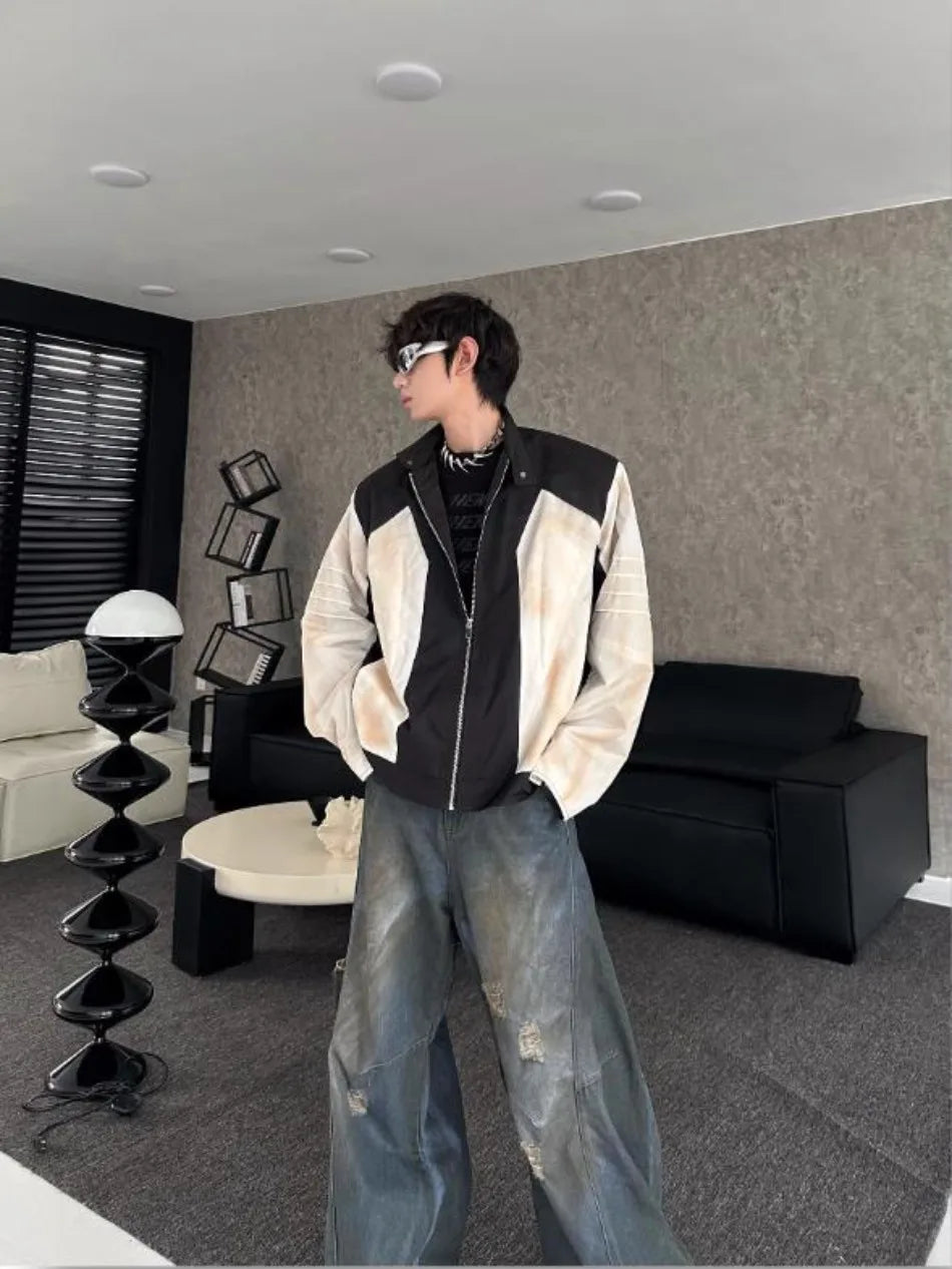 street american color block mens jacket 2024 new autumn zipper patchwork shoulder pads racing coats motorcycle windbreaker unique default style 3228