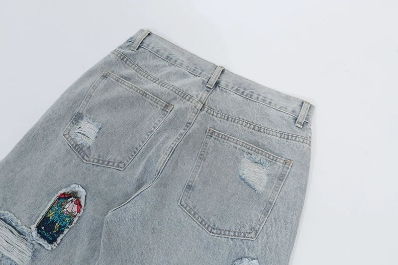 retro patch embroidered pleated jean for men street wear washed destroyed straight patchwork ripped jeans pants baggy hip hop unique jeans style 90