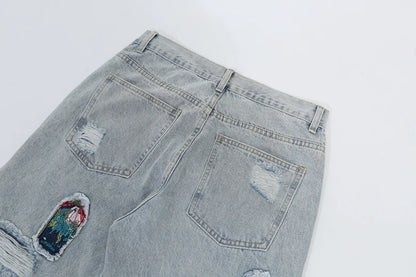 retro patch embroidered pleated jean for men street wear washed destroyed straight patchwork ripped jeans pants baggy hip hop unique jeans style 90