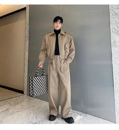men 2 pieces sets quilted short cargo jacket pant autumn winter korean streetwear casual thicken bomber coat trousers suits unique cargo style 2642