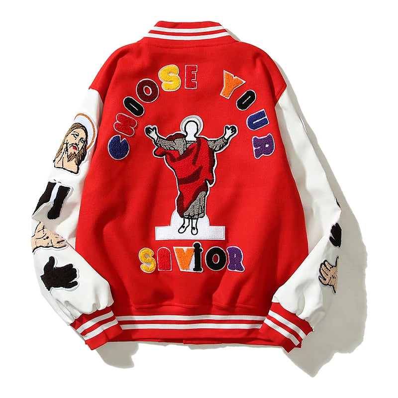 high street color block graffiti embroidery baseball jacket mens leather sleeve woolen patchwork stand oversized winter coats urban fashion pants