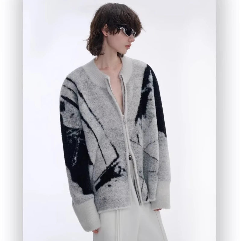 Color Blocked Gradient Cardigan Mens Imitation Mink Fur Jacquard Trend Couple Knitted Jacket Zipper High Street Sweater Coats Street King Limited