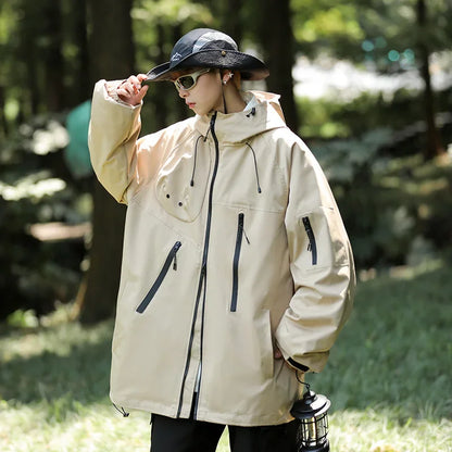 mens vintage waterproof outdoor functional jacket windbreaker camping sports elastic hoodie jackets autumn new fashion overcoat relaxed fit trousers
