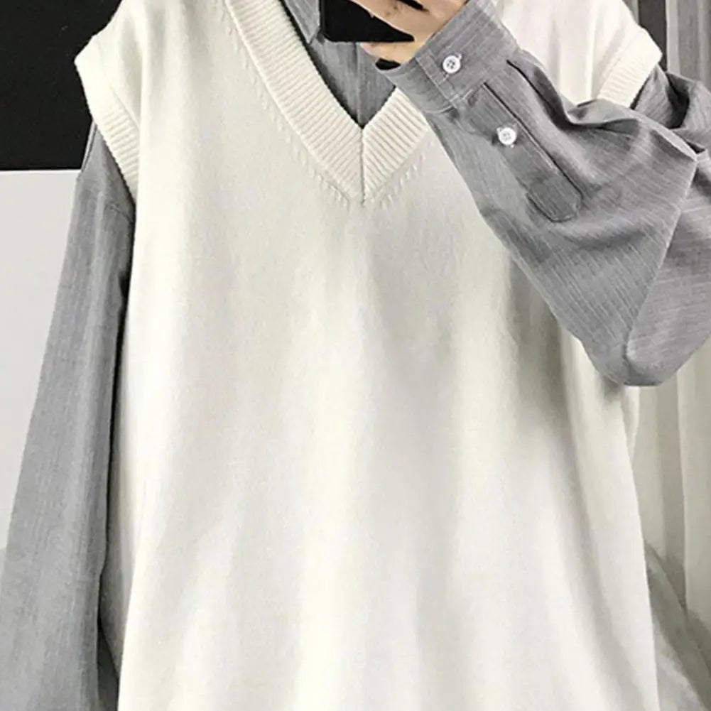 Men Sweater Vest V Neck Solid Color Sleeveless All Match Spring Sweater for School Male Pullovers Men's Clothing Streetwear Street King Limited