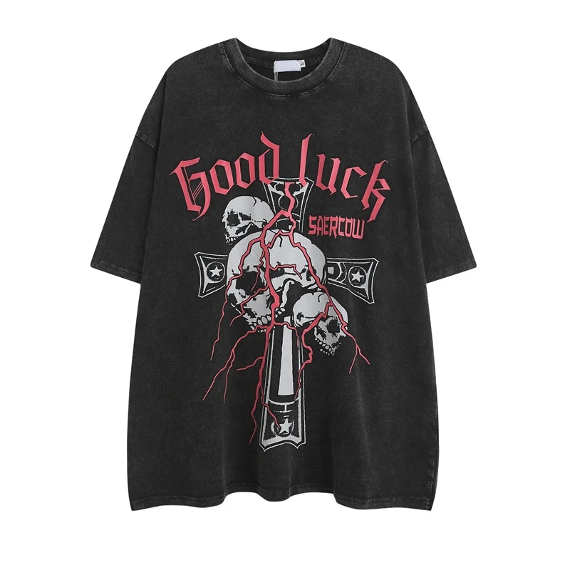 2023 Streetwear T Shirt Skull Skeleton Graphic Hip Hop Oversized T-Shirt Men Cotton Tops Tees Retro Washed Black Tshirt Hipster Street King Limited