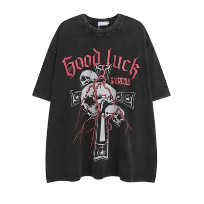 2023 Streetwear T Shirt Skull Skeleton Graphic Hip Hop Oversized T-Shirt Men Cotton Tops Tees Retro Washed Black Tshirt Hipster Street King Limited
