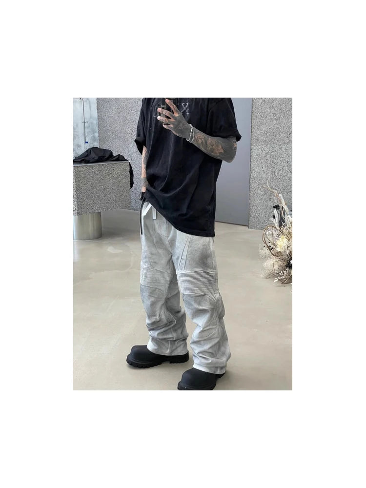 pleat patchwork dir wash racing pants mngu washed distressed white straight overalls dirfit loose trousers relaxed fit trousers