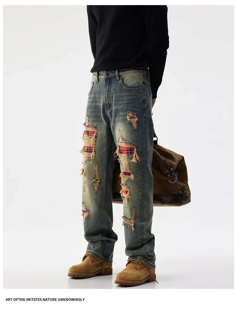 men broken hole patch loose casual plus size straight ripped denim pants jeans man streetwear fashion baggy jeans trousers unique jeans style 3042