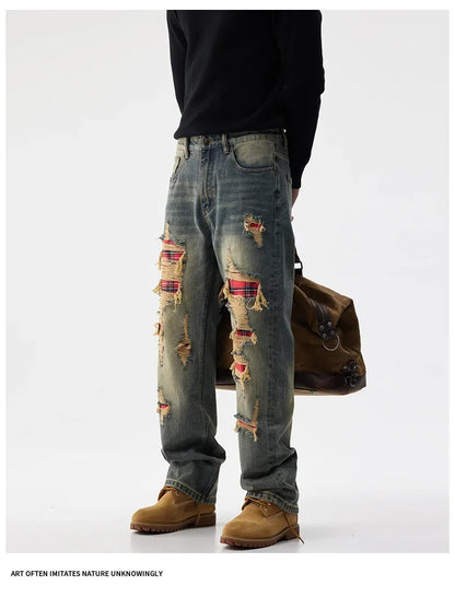 men broken hole patch loose casual plus size straight ripped denim pants jeans man streetwear fashion baggy jeans trousers unique jeans style 3042