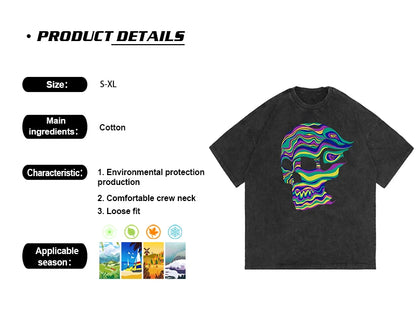 Rainbowtouches Washed Men T Shirt 2022 Summer Vintage Unisex High Street Skulls Pattern Oversize Fashion Mens Graphic T-Shirts Street King Limited