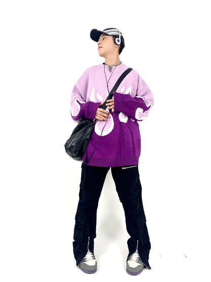 Hip Hop Fire Knitted Oversized Sweater Men Autumn Winter O-neck Long Sleeve Pullover Streetwear New Loose Tops Sweaters Clothing Street King Limited