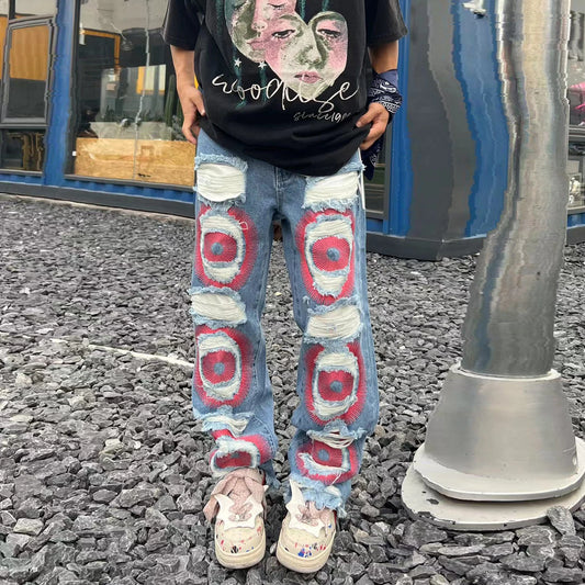 y2k streetwear embroidered ripped wide jeans for men washed destroyed torn flared jean male tassels hip hop jeans pants baggy vintage washed jeans