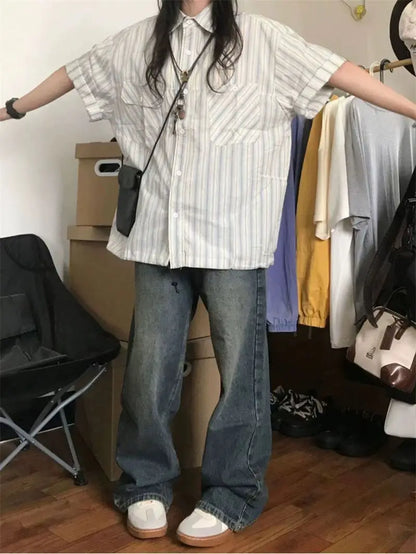 Korean Retro Blue Striped Short-sleeved Shirt for Women Summer 2024 New Niche Design Y2K Loose Half-sleeved Shirt Tops Street King Limited