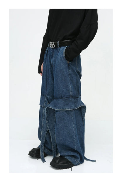 men fashion baggy jeans irregular patchwork loose straight denim pants 2023 new man blue casual oversized jeans trouser unique jeans style 946