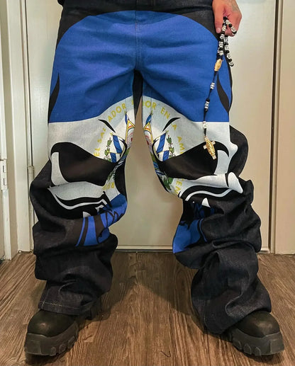 harajuku retro y2k pants gothic skateboard jeans skull denim print loose slouchy jeans men women pants streetwear hip hop jeans unique jeans style 4004