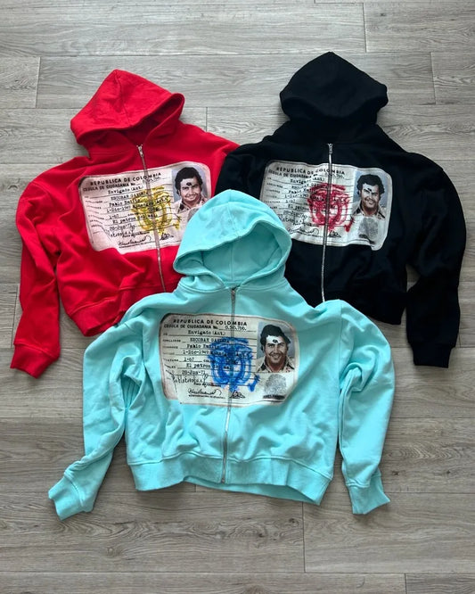 Y2k High Street Trendy Gothic Big Head Pattern Printed Hoodie Men's Retro Rock Loose Harajuku Zipper Sweatshirt Couple Style Street King Limited