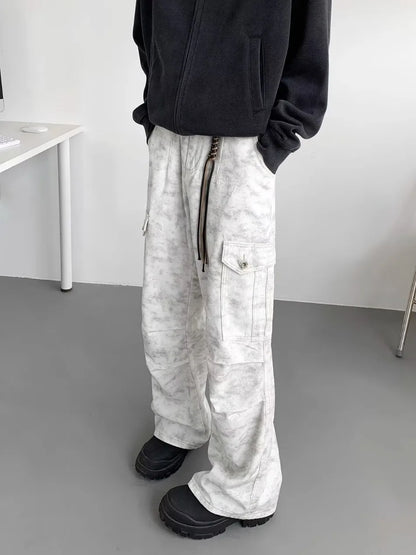 American Tie Dye Cargo Pants Mens Autumn Vintage High Street Straight Leg Trousers Casual Multi Pocket Loose Overalls Male Street King Limited