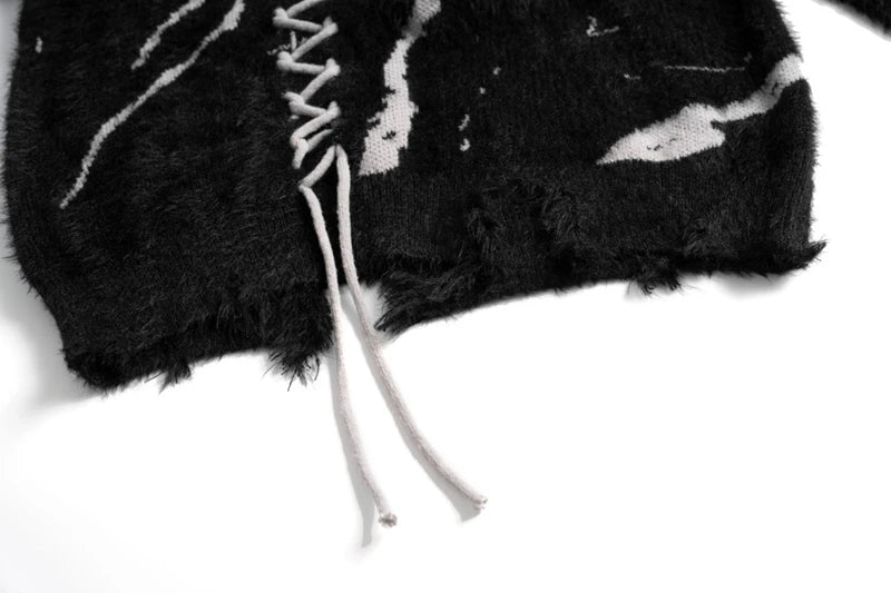 Front Lace Up Tie Dye Frayed High Neck Sweaters Men's High Street Retro Casual Oversized Unisex Woolen Clothes Knitted Sweater Street King Limited