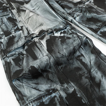vintage dirty tie dye baggy jeans men multi pocket loose white straight jeans trousers luxury designer oversized denim pant unique jeans style 1933