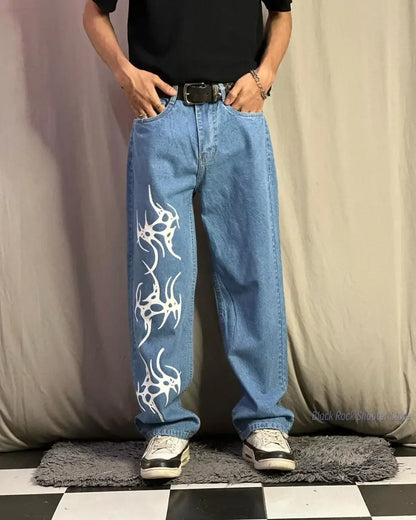 Harajuku fashion mens women’s jeans lightning graphic wide leg jean streetwear y2k denim cuples high waist pants men clothing Street King Limited