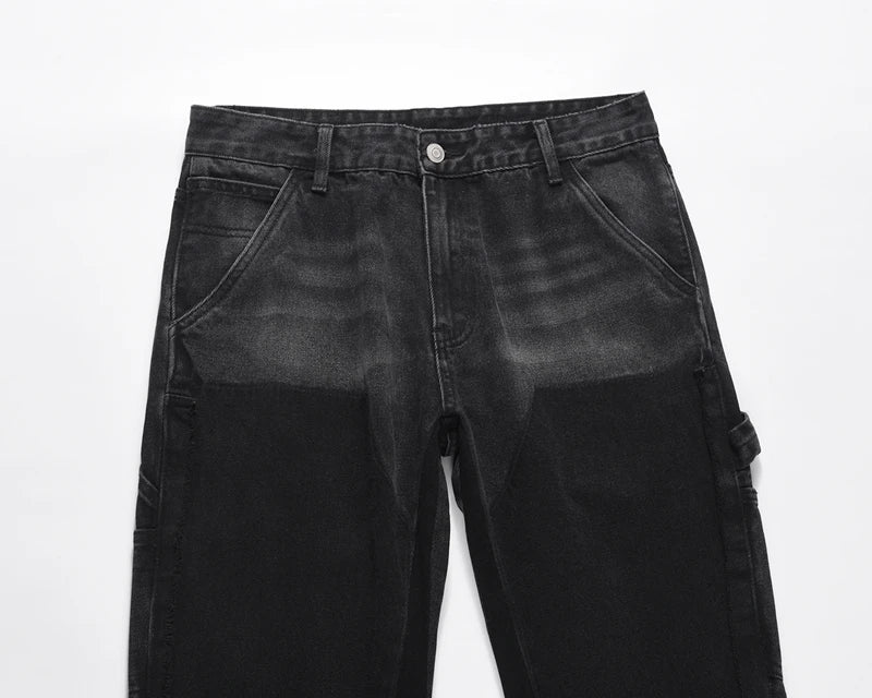high street patchwork ripped black jeans pants for men straight retro casual sashes pockets denim trousers oversized loose jean unique jeans style 2827