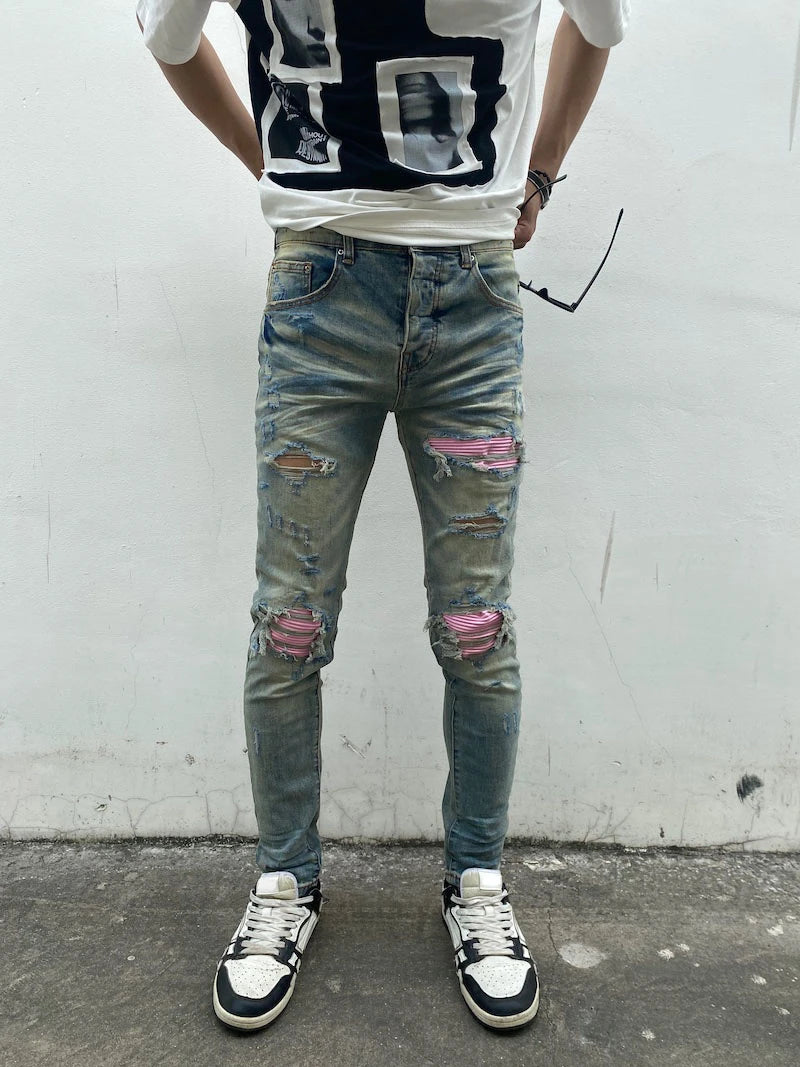 destroied ripped holes patckwork denim jean mens casual distressed washed biker jeans new fashion high street slim pants joggers unique joggers style 2365