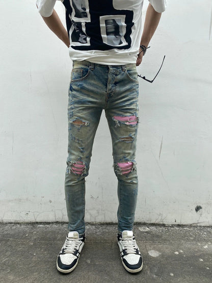 destroied ripped holes patckwork denim jean mens casual distressed washed biker jeans new fashion high street slim pants joggers unique joggers style 2365