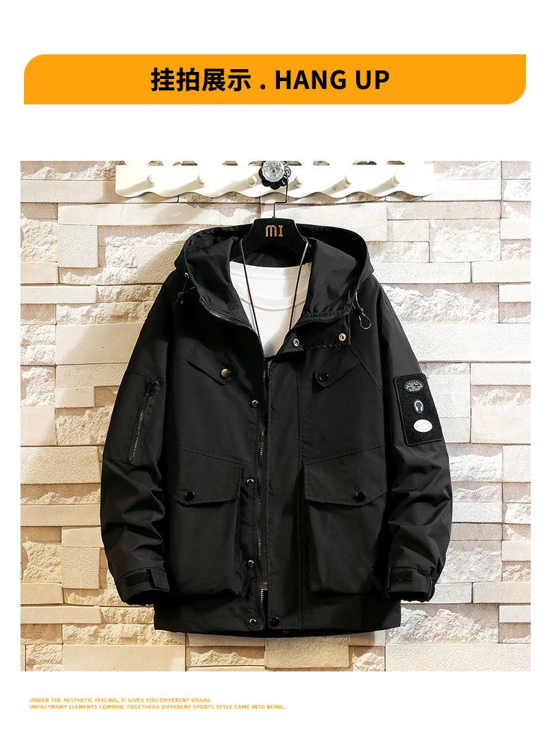 men jacket fashion 2024 army green punch jackets oversized hooded jacket collage zip design patch outdoor coat unique default style 6089