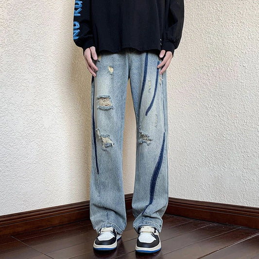 summer high street ripped jeans mens hip hop vintage design punk denim trousers hombre harajuku fashion casual y2k baggy jean ripped baggy denim