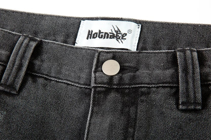Harajuku Black Graffiti Flared Jeans Pants Patches Hip Hop Splashed Ink Wide Jeans Trousers Blue Slim Fit Washed Jeans for Men Street King Limited