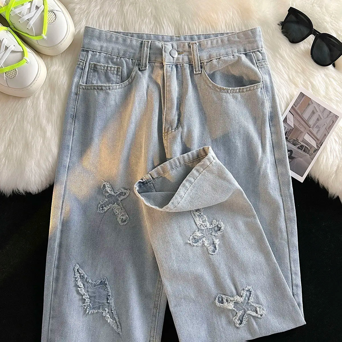 Korean Street Style Retro Pants Raw Edge Cross Jeans Design Y2K Personality Men and Women Niche Hip-hop Loose Sports Jeans Street King Limited