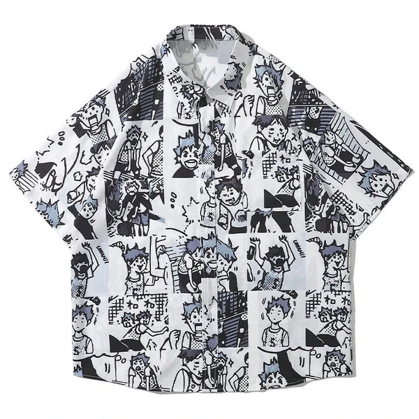 Men Short Sleeve Shirts Cartoon Comics Boy Printed Blouses Y2K Harajuku Japanese Retro Loose Summer Tops Streetwear Unisex Street King Limited