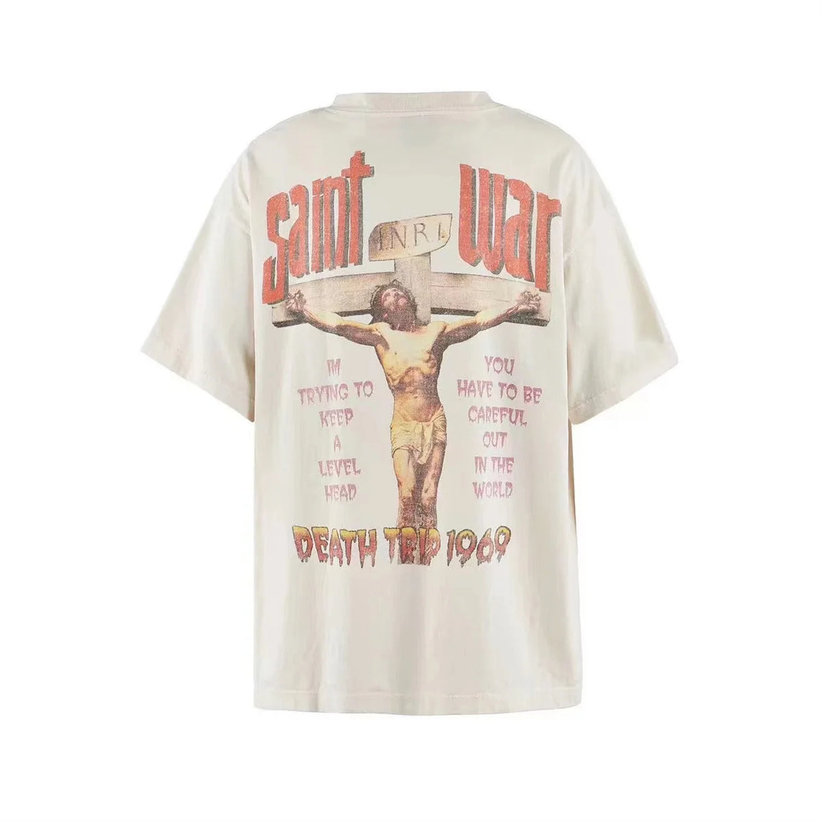 24SS New Vintage Retro Cross Printing Washed Distressed Short Sleeves T-Shirt Tops Street King Limited