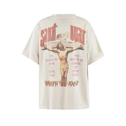 24SS New Vintage Retro Cross Printing Washed Distressed Short Sleeves T-Shirt Tops Street King Limited