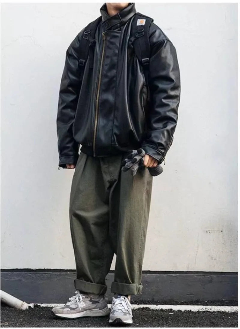japanese street motorcycle set men thickened stand collar hip hop leather jacket harajuku casual pants 2 pcs bomber suit 2023 unique default style 4347