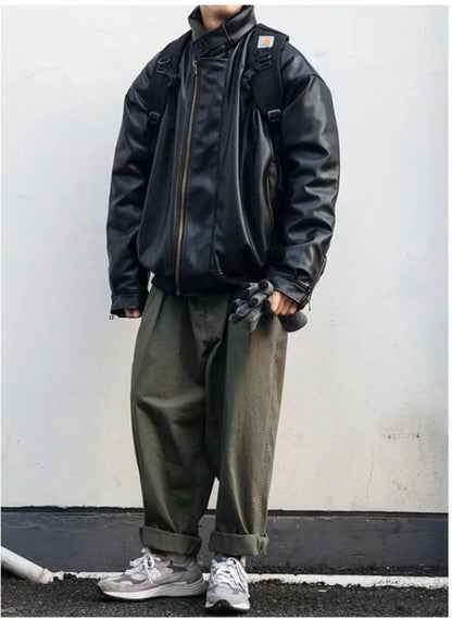 japanese street motorcycle set men thickened stand collar hip hop leather jacket harajuku casual pants 2 pcs bomber suit 2023 unique default style 4347