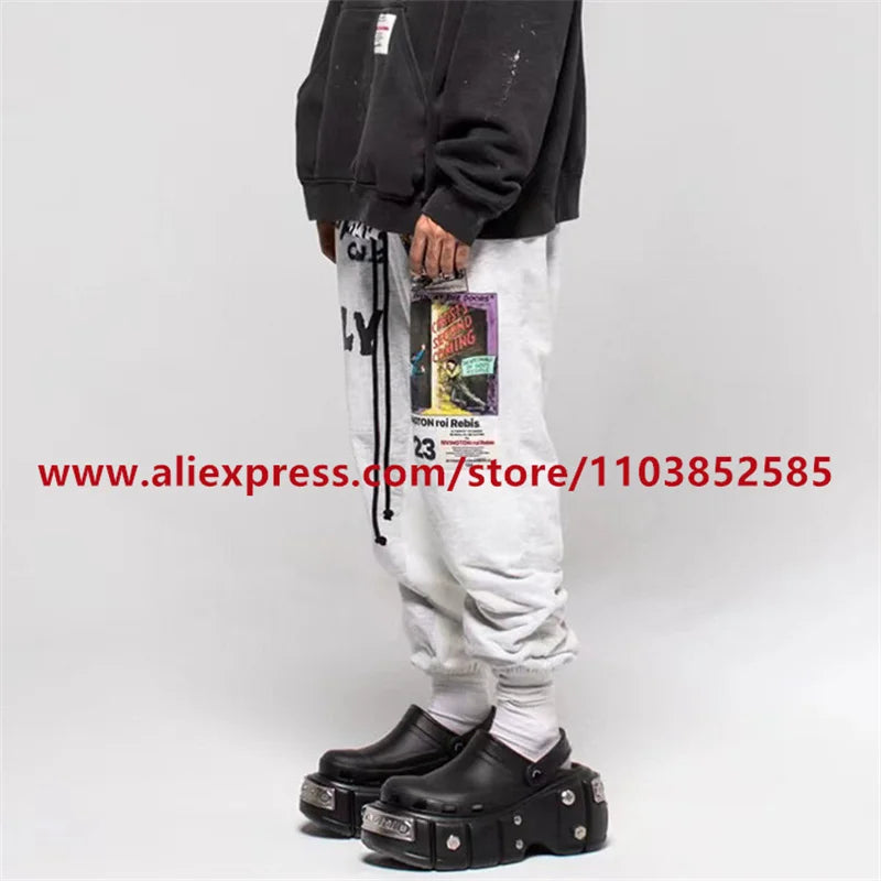 2024 autumn winter vintage casual sports pants mens letter illustration printed loose drawstring leg strap high street hip hop unique default style 1617