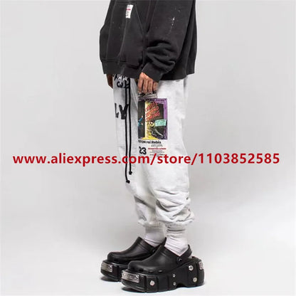 2024 autumn winter vintage casual sports pants mens letter illustration printed loose drawstring leg strap high street hip hop unique default style 1617