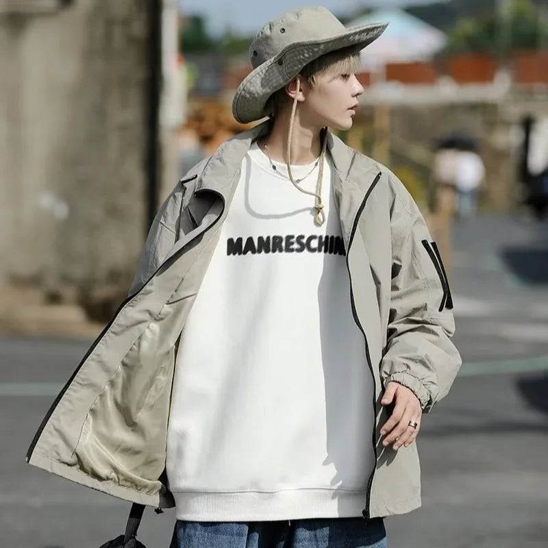 Outdoor Mens Charge Jacket Retro Loose Stand Collar Waterproof Tooling Coats Thin Color Blocked Zipper Hiking Windbreaker Street King Limited