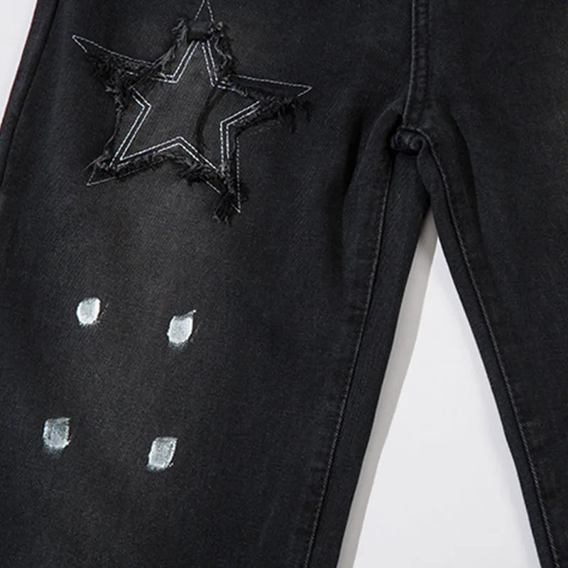 Men Black Jeans Five-Pointed Star Splashing Ink Design Denim Trousers American Retro Street Punk Wide Leg Straight Pants Unisex Street King Limited