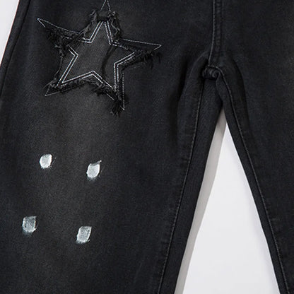 Men Black Jeans Five-Pointed Star Splashing Ink Design Denim Trousers American Retro Street Punk Wide Leg Straight Pants Unisex Street King Limited