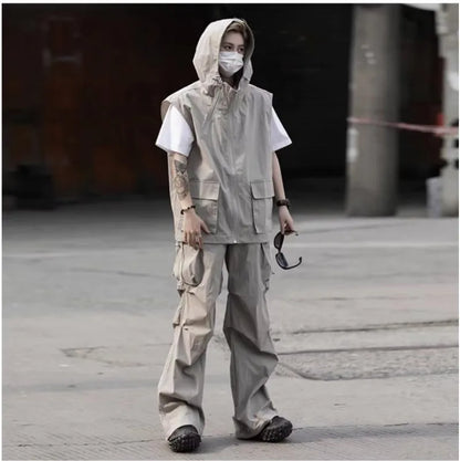 summer casual sleeveless set men hip hop loose hooded vest pockets straight leg cargo pants 2 piece outdoors sports camp suit unique cargo style 3829